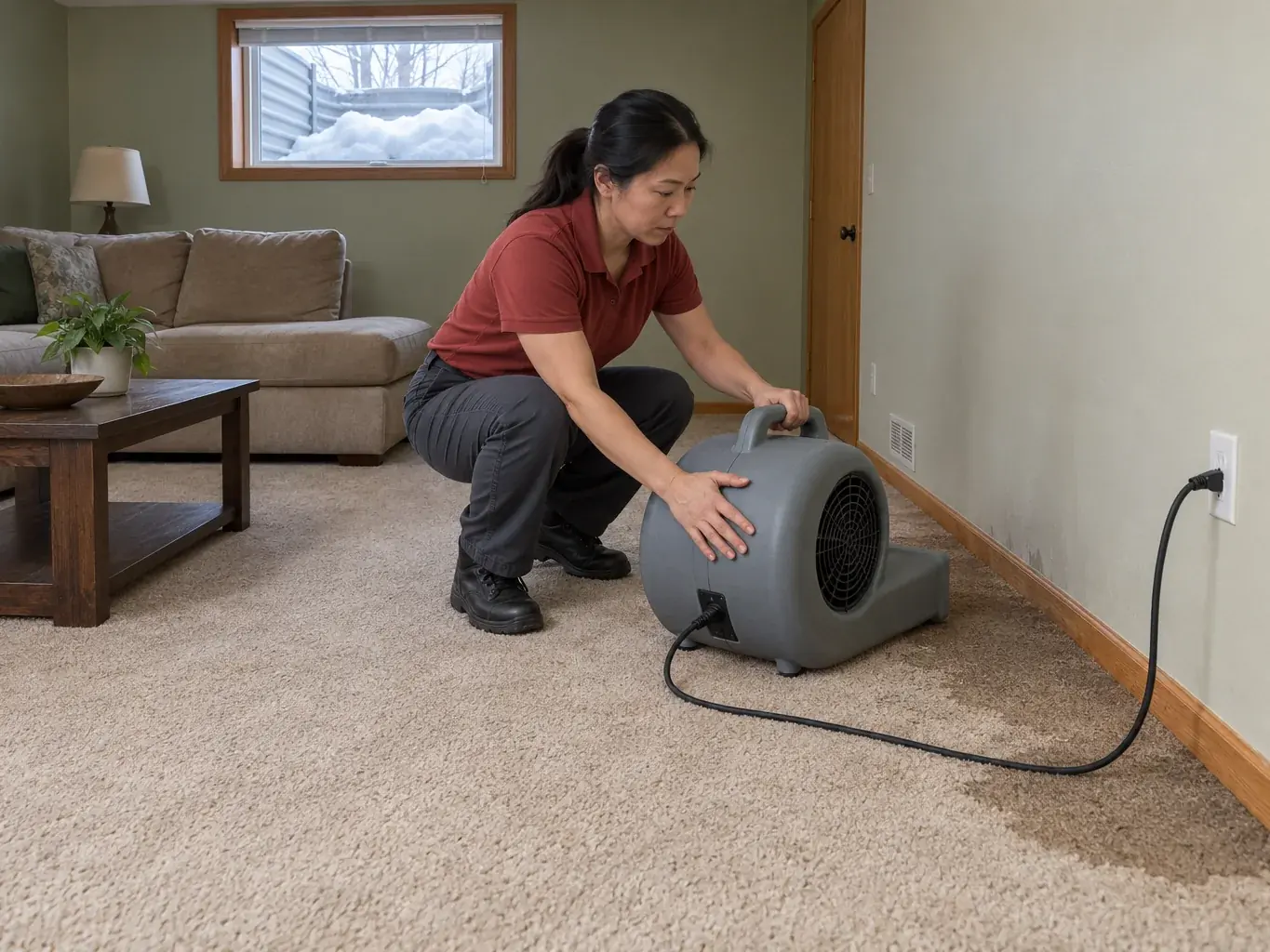 Technician sets an air mover on basement carpet near a water-stained patch along the wall