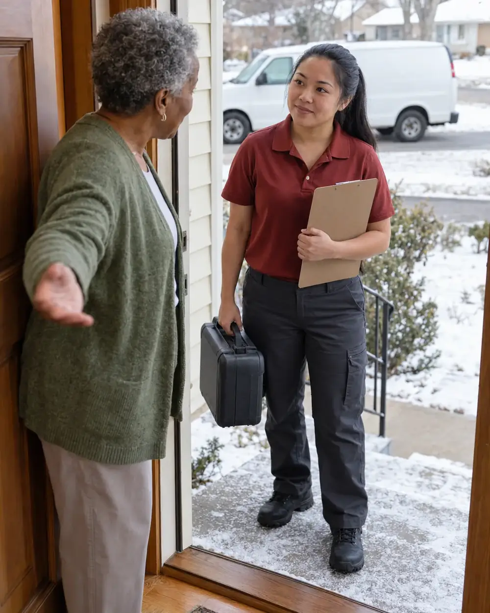 Homeowner opening a snowy front doorway to a technician carrying a clipboard and moisture-meter case.