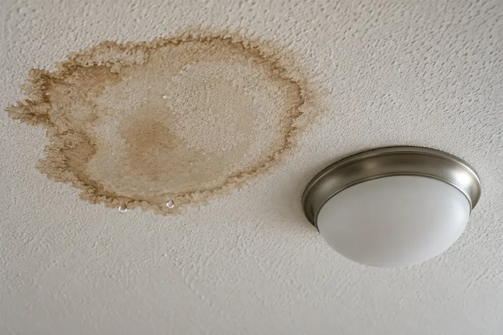 Brown water ring on a white textured ceiling beside a light fixture, with drops forming.