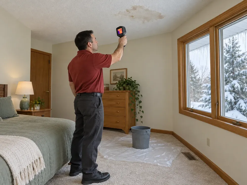 Technician on the bedroom floor aims a thermal camera at a stained ceiling; icicles hang outside.