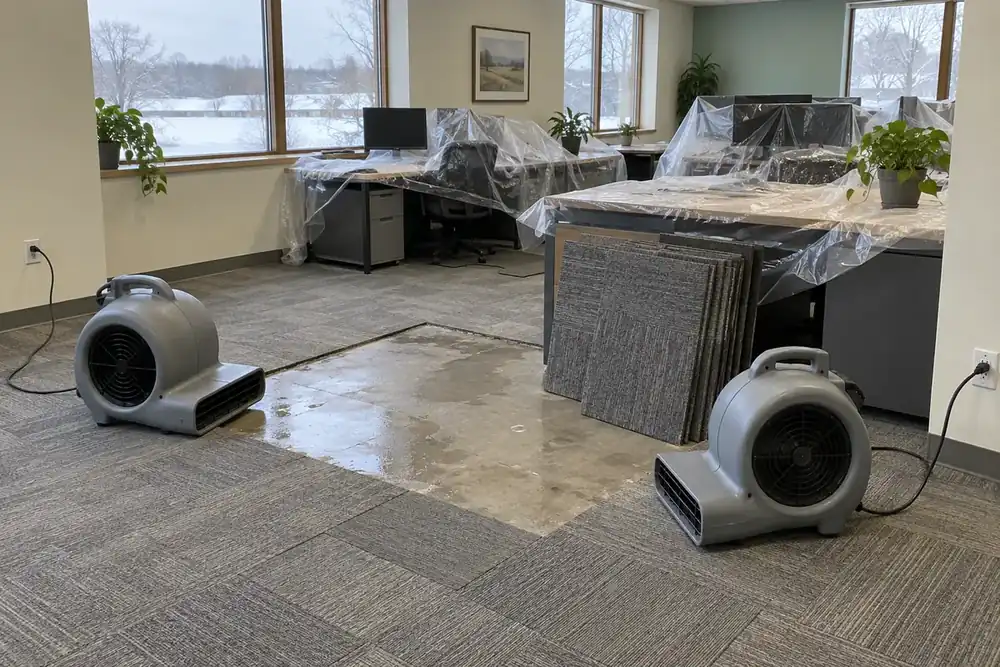 Lifted carpet tiles and two air movers beside plastic-covered desks in a damp office.