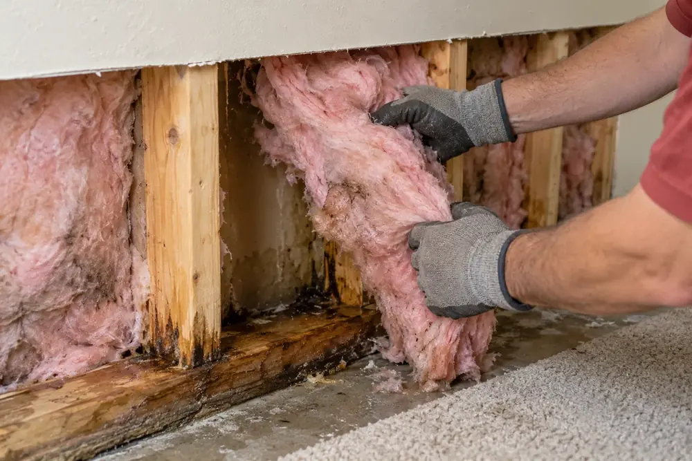 Gloved hands pull wet pink insulation from an opened wall above a damp bottom plate.