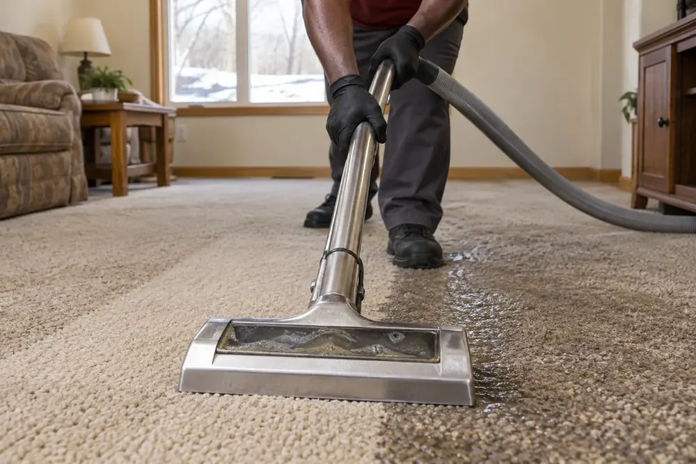 Gloved hands guide an extraction wand across soaked carpet with water visible inside the clear head.