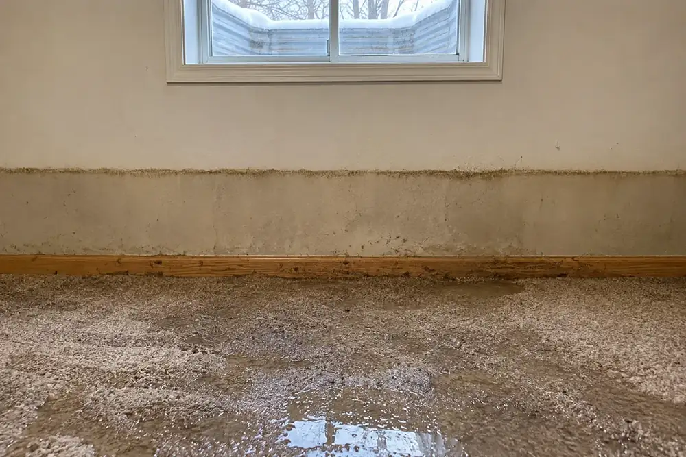 Level muddy waterline across a basement wall above a stained baseboard and wet, silt-covered carpet