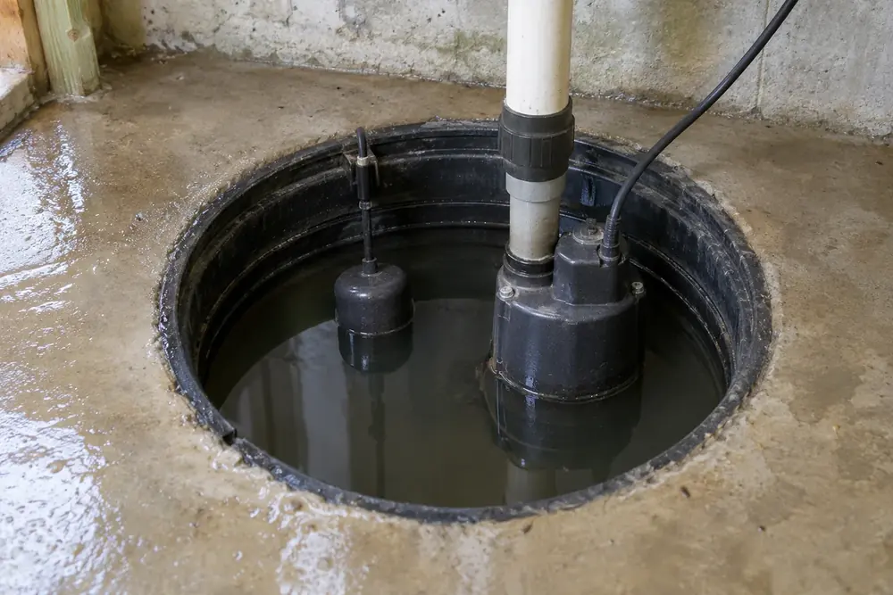 Sump pit holding high water around a pump, float switch and discharge pipe, with wet concrete floor
