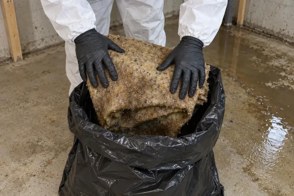 Gloved hands push a folded, sewage-soaked carpet pad into a contractor bag on a wet basement floor