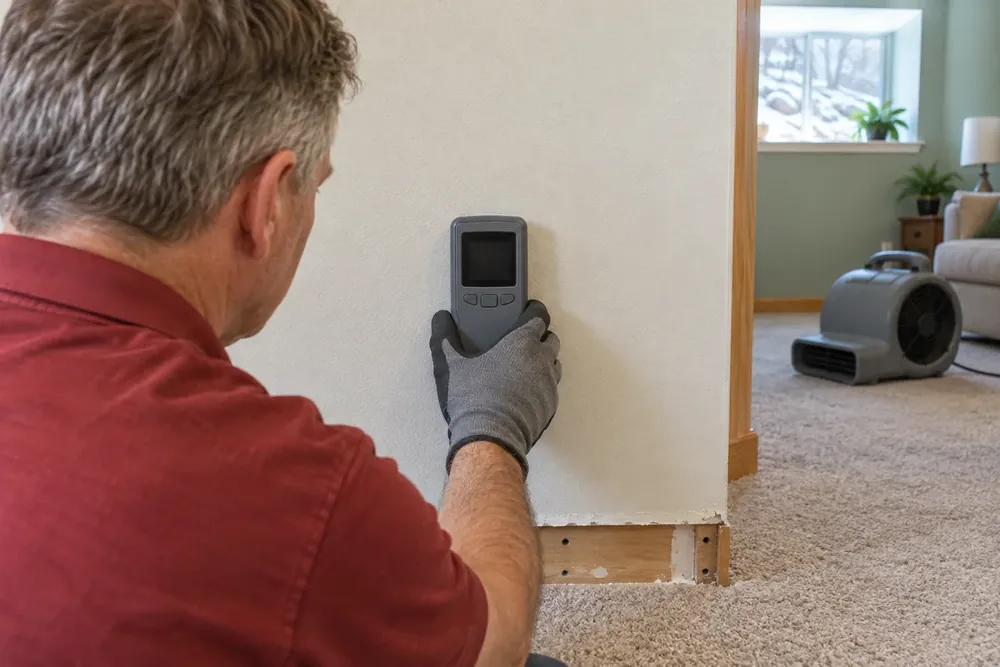 Moisture meter pressed flat on painted drywall above a drilled baseboard strip, with an air mover behind
