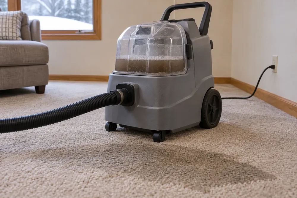 Portable carpet extractor with murky extracted water in its clear tank beside a wet carpet patch