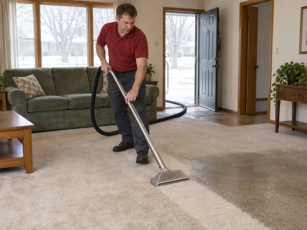 Technician pulls a carpet extraction wand across soaked beige carpet, its hose running out the front door