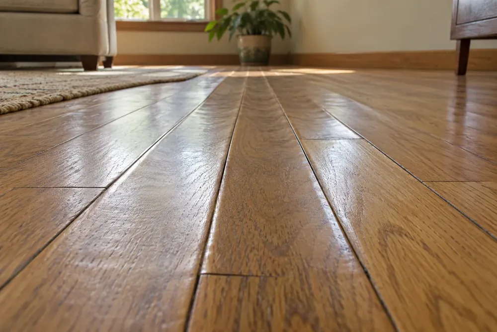 Cupped oak floorboards with raised edges highlighted by daylight across the wood grain.
