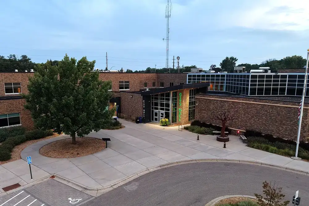 Eagan City Hall entrance and plaza seen from above in Eagan, Minnesota