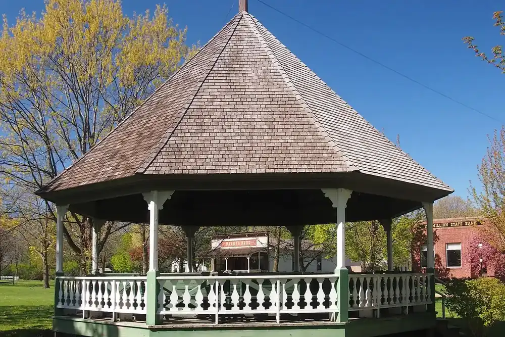Wooden gazebo on the Dakota County Fairgrounds lawn in Farmington, Minnesota
