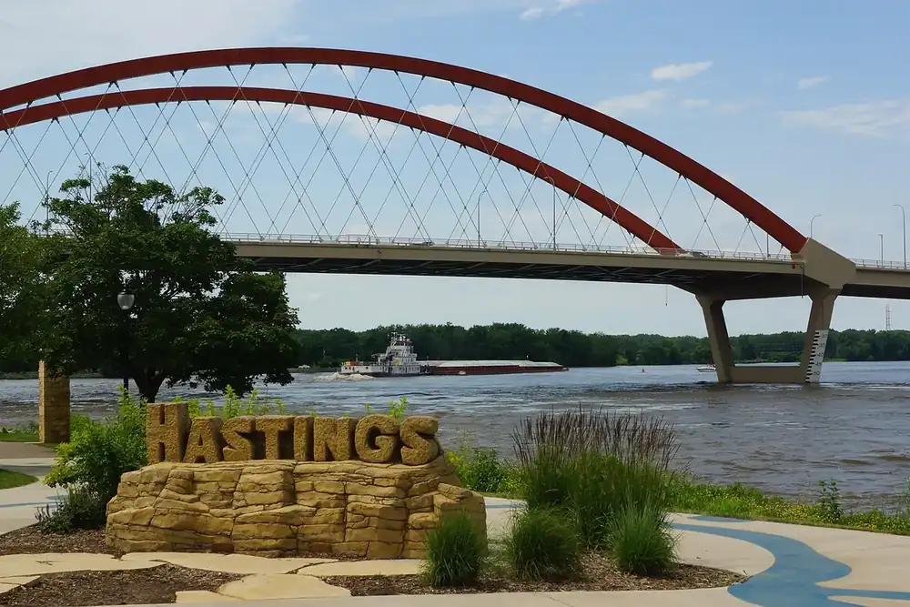 Arched Mississippi River bridge above the riverfront park in Hastings, Minnesota